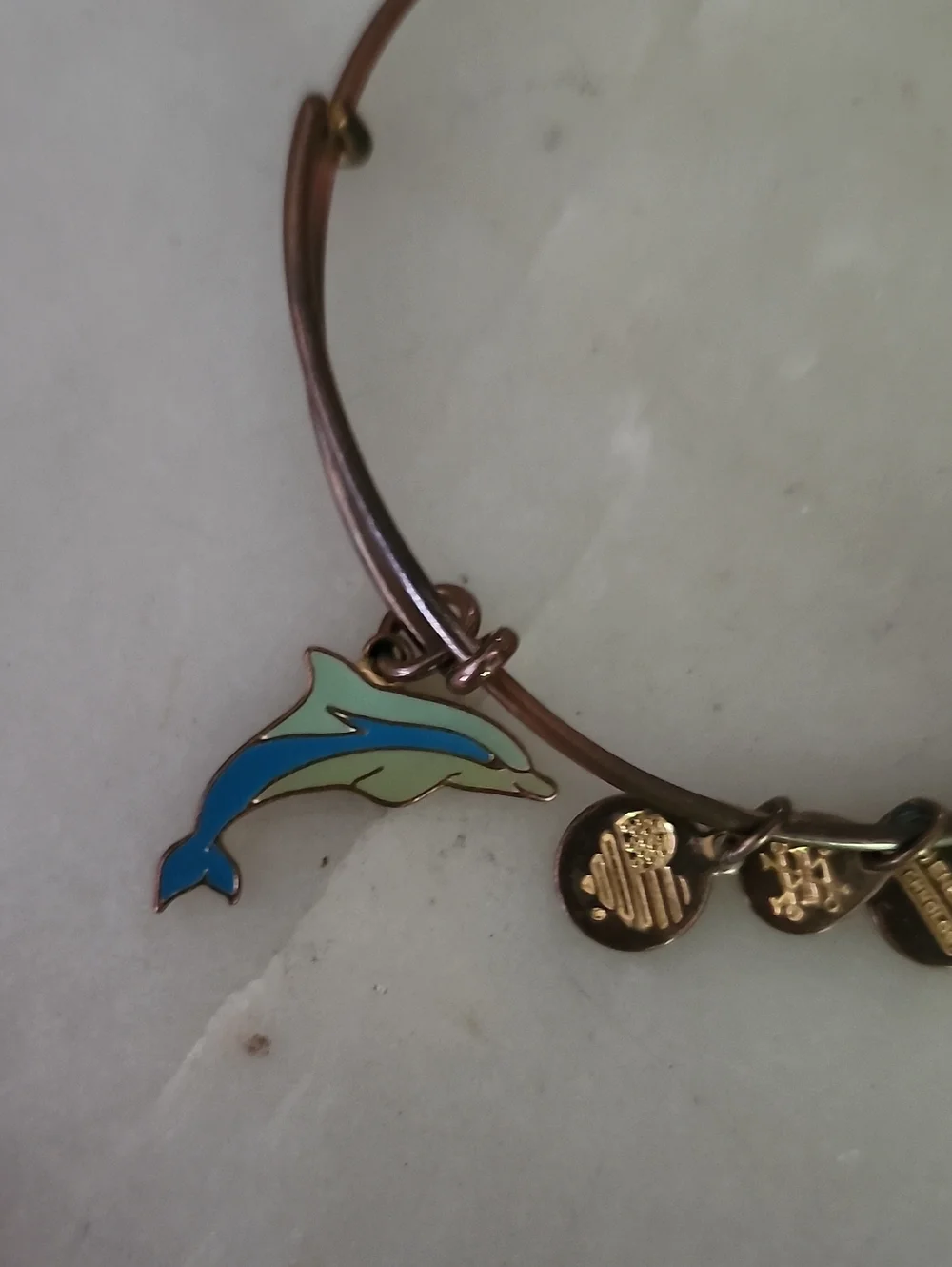 Alex and Ani Turquoise Beaded Bangle, Dolphin Charm Bangle, & Gold Tone Bangle